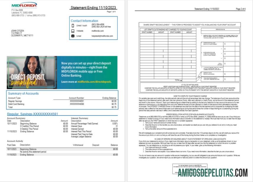 Extrato bancário da MidFlorida dos EUA para download, modelo Word e PDF, 3 páginas 1 2